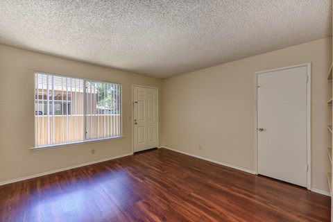 Empty Living Room with Hardwood Inspired Floors, Window and White Door